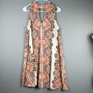 Women's L High Neck Keyhole Halter Mini Dress Orange Red Mandala Paisley Boho